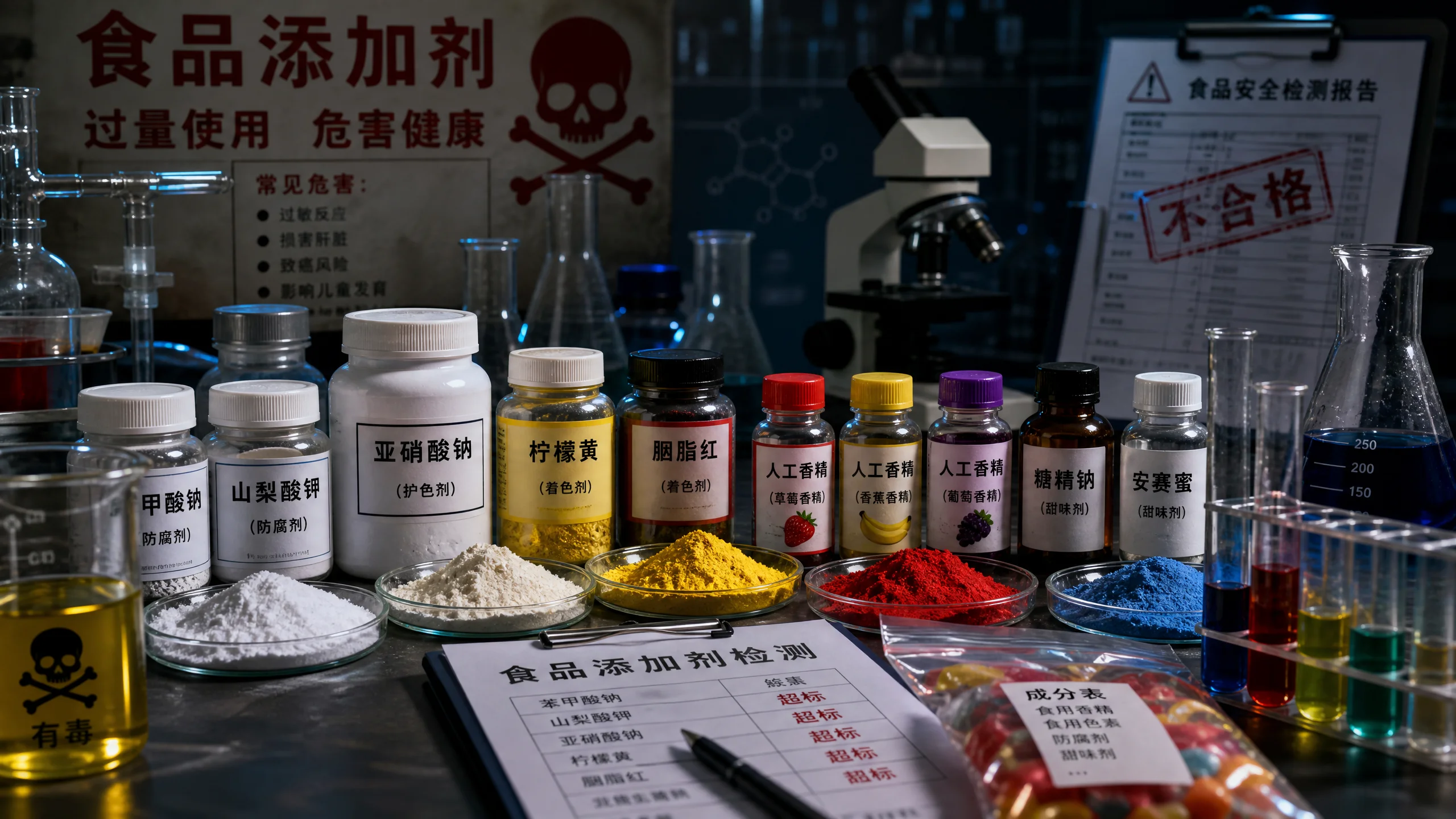 食品添加剂检测实验室中排列的各种化学试剂和检测报告